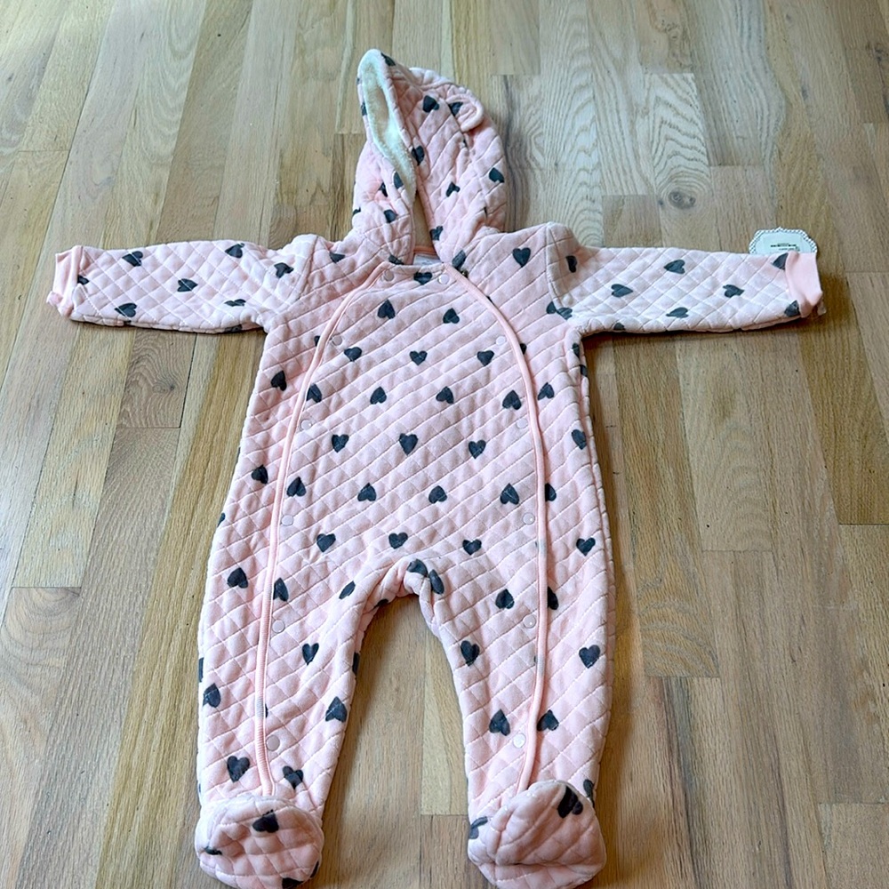 Nordstrom 12M bunting suit in pink with grey hearts NEW WITH TAGS